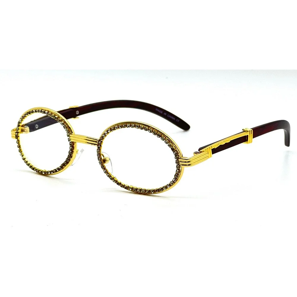 Rhinestone Sunglasses Oval Frame Gold‎ Wood Tone Hip Hop Fashion Men Street Wear